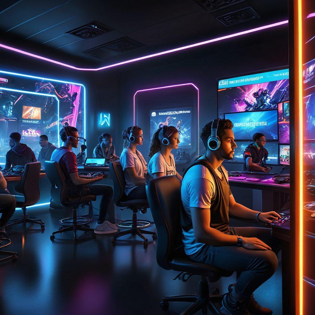A dynamic scene featuring a diverse group of players engaged in an immersive video game, with elements of game mechanics like health bars, experience points, and virtual worlds visible around them. The players display emotions of excitement and focus, showcasing the impact of game mechanics on engagement. Bright neon colors and a futuristic gaming interface fill the background, emphasizing modern technology. super-realistic. vibrant colors. 3D.