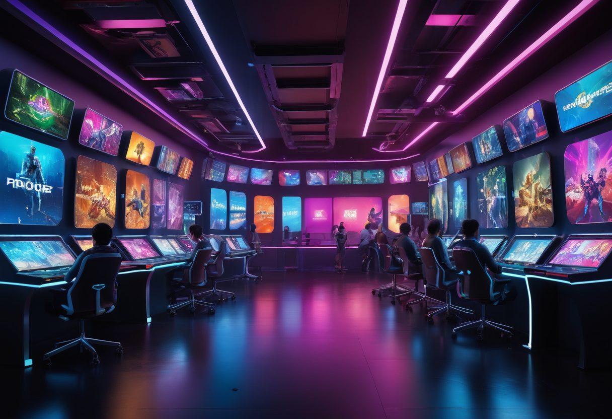 A dynamic scene depicting a futuristic gaming environment, showcasing diverse players engaged with advanced gamification elements. Include vibrant screens displaying interactive game designs, playful characters, and immersive landscapes, symbolizing exploration and innovation. The atmosphere should fuse technology and creativity, with glowing neon accents and abstract shapes representing the evolution of gaming. super-realistic. vibrant colors. 3D.