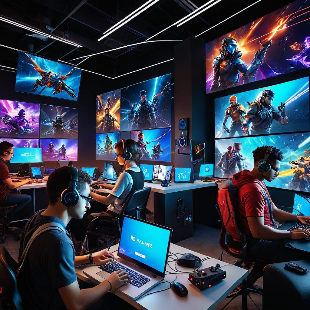 A vibrant digital collage depicting gamers immersed in various activities: a colorful montage of technology merging with art, showing game development scenes, interactive designs, and creative brainstorming sessions. Include diverse individuals of different backgrounds engaged with high-tech gadgets, artistic elements, and immersive virtual environments surrounding them. Add dynamic lines depicting connections between creativity and technology throughout the image. super-realistic. vibrant colors. 3D.